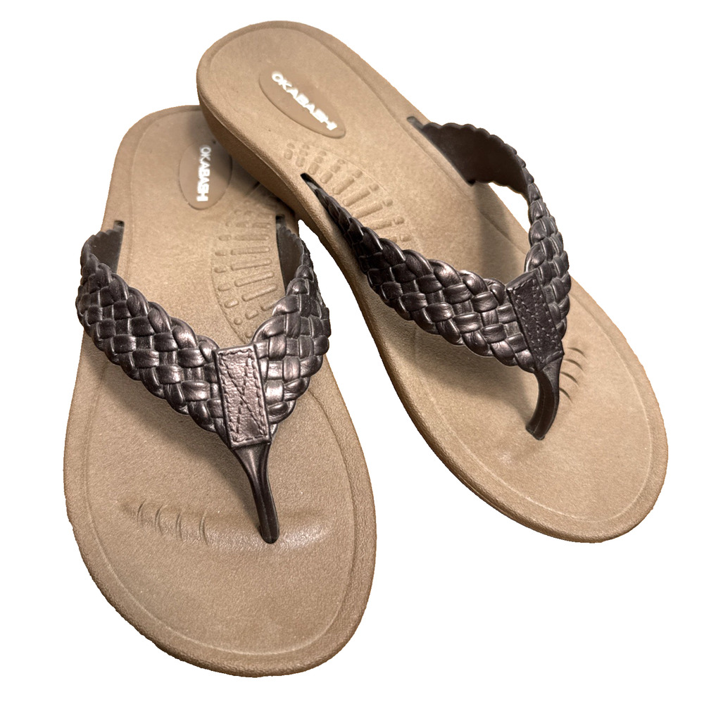 Women's Okabashi Flip Flops Size Small 5/6 Brown Braided Baha Style Pool Beach
